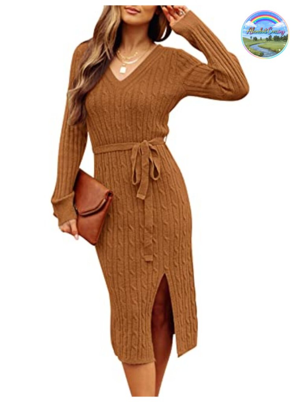 Womens Cable Knit Midi Sweater Dress V Neck Long Sleeve Belted Bodycon